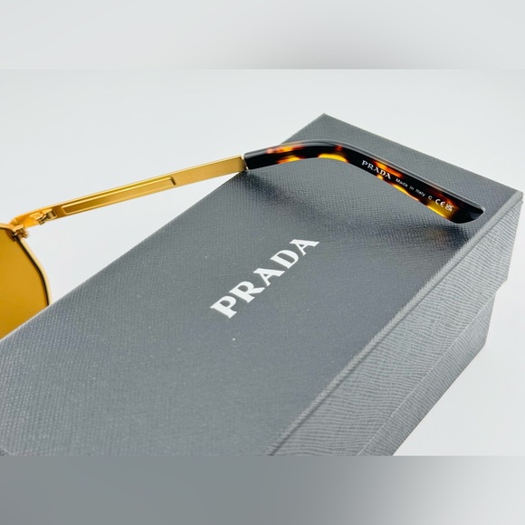 Prada Sunglasses PRA53S Iconic metal plaque Opaque Gold Frame brown lenses - Picture 10 of 15